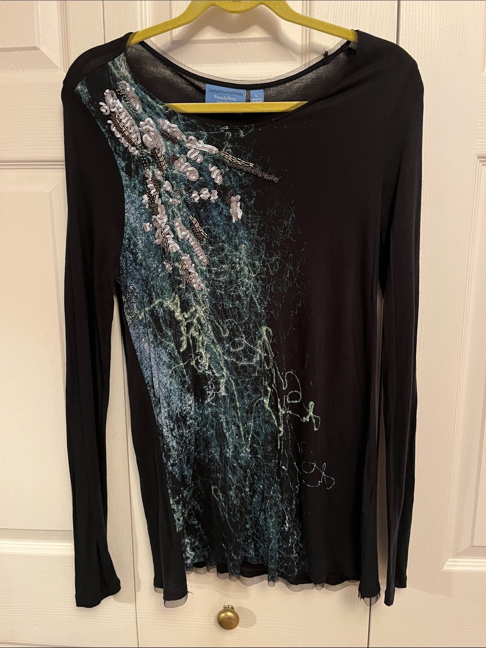 Vera Wang Black Long-Sleeve Top with Teal and Silver Embroidery